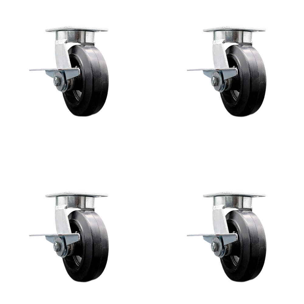SCC-KP30S620-RSR-SLB-BSL-4 Kingpinless Rubber on Cast Iron Swivel Top Plate Caster with 6 x 2 in. Black Wheels - 1800 lbs Total Capacity - Set of 4