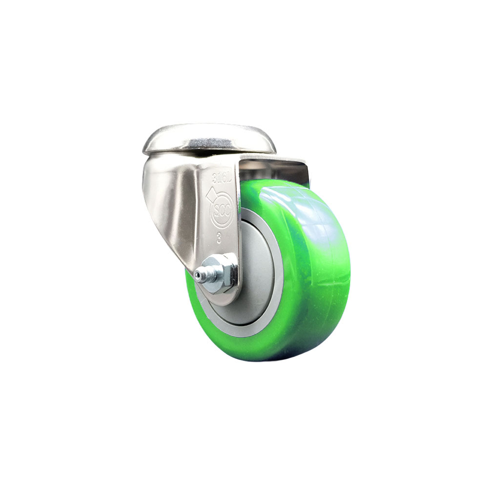 SCC-SS316BH20S314-PPUB-GRN Polyurethane Swivel Bolt Hole Caster with 3 in. Green Caster Wheel - 316 Stainless Steel Caster