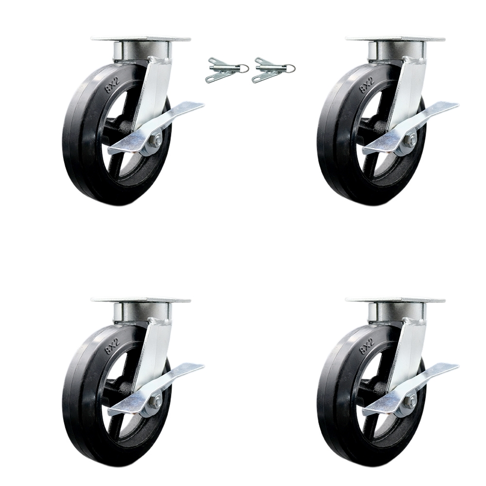 SCC-KP30S820-RSR-SLB-BSL-2-SLB-2 Kingpinless Rubber on Cast Iron Swivel Top Plate Caster with 8 x 2 in. Black Wheels - 2000 lbs Capacity - Set of 4