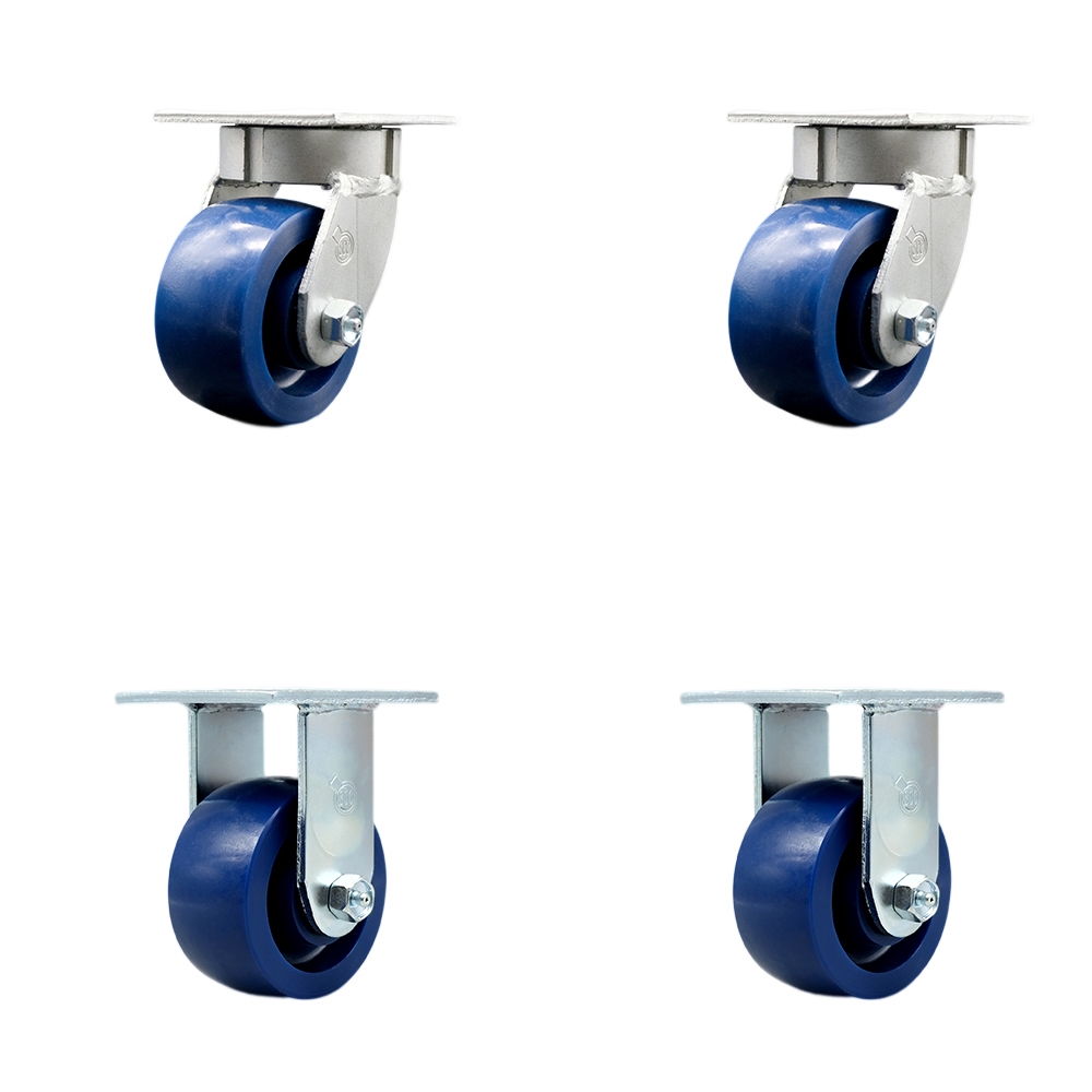 SCC-KP30S420-SPUR-2-R-2 Kingpinless Solid Polyurethane Swivel Top Plate Caster with 4 x 2 in. Blue Wheels - 2800 lbs Total Capacity - Set of 4
