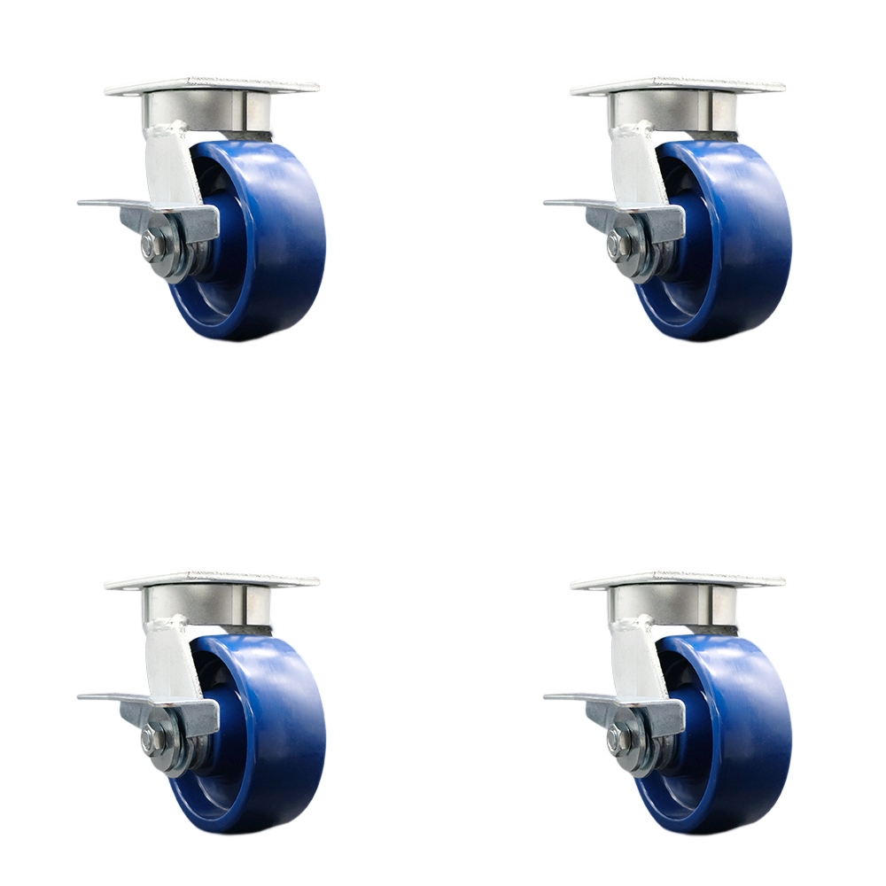 SCC-KP30S520-SPUR-SLB-BSL-2-SLB-2 Kingpinless Solid Polyurethane Swivel Top Plate Caster with 5 x 2 in. Blue Wheels - 4000 lbs Capacity - Set of 4