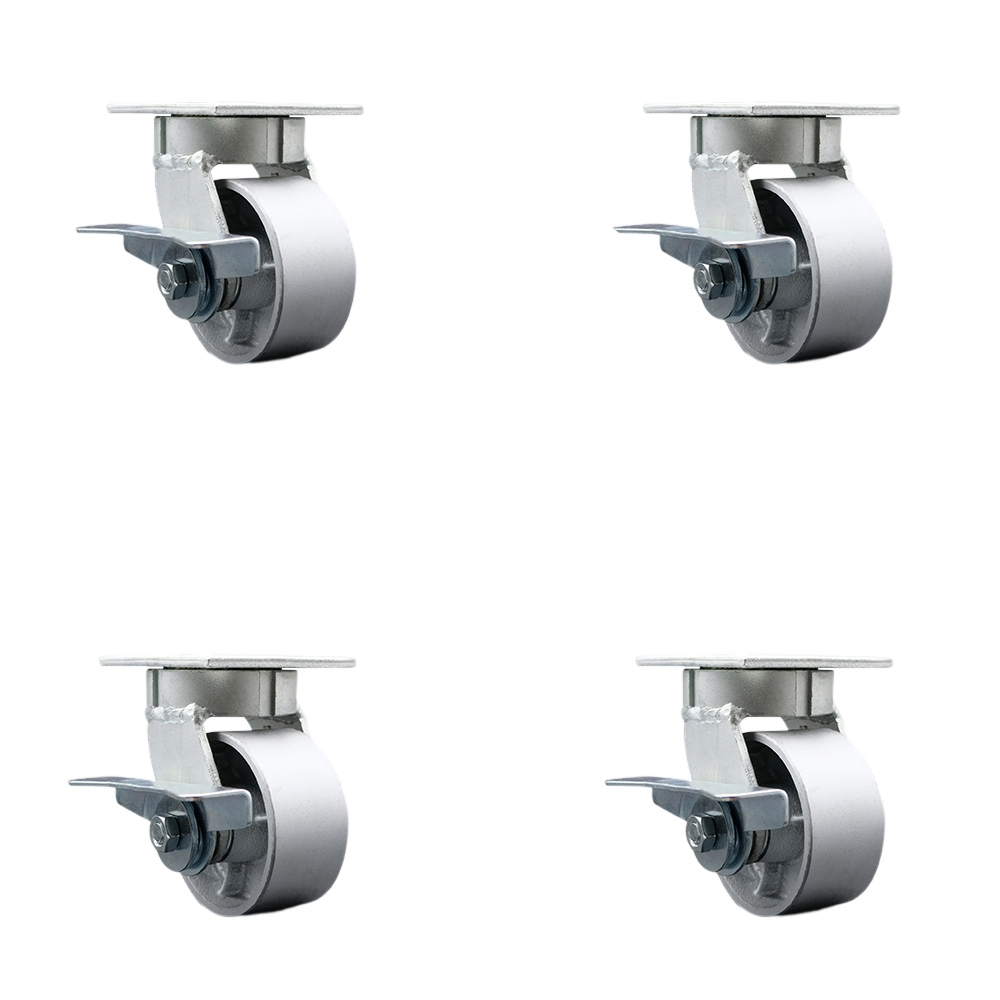 SCC-KP30S420-SSR-SLB-BSL-4 Kingpinless Semi Steel Cast Iron Swivel Top Plate Caster with 4 x 2 in. Silver Wheels - 4000 lbs Total Capacity - Set of 4