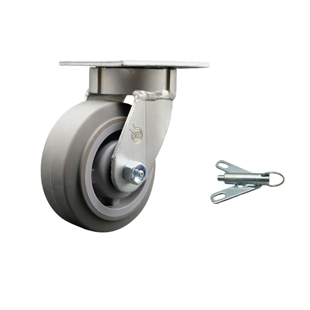 Kingpinless Thermo Rubber Flat Tread Swivel Top Plate Caster with 5 x 2 in. Gray Wheel & Bolt on Swivel Lock - 350 lbs Capacity per Caster