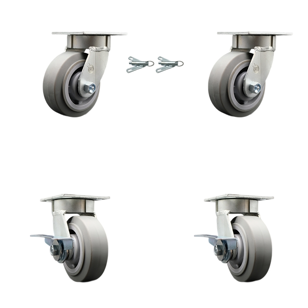 SCC-KP30S520-TPRRF-BSL-2-SLB-2 Kingpinless Thermo Rubber Flat Tread Swivel Top Plate Caster with 5 x 2 in. Gray Wheels - 1400 lbs Capacity - Set of 4