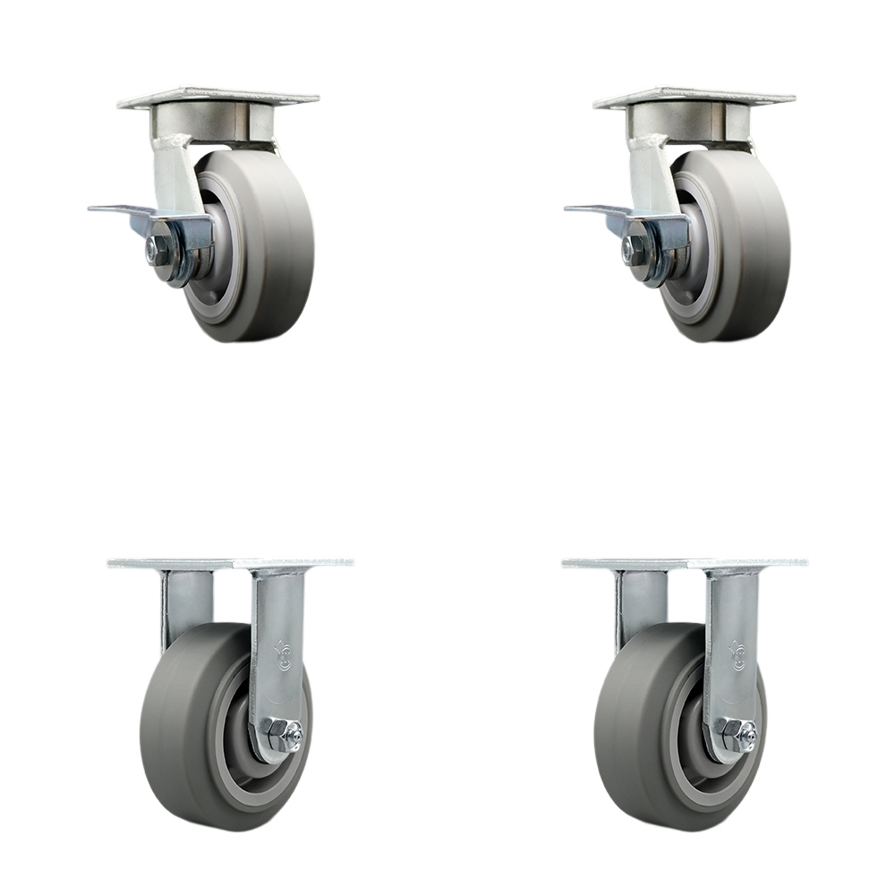 Kingpinless Thermo Rubber Flat Tread Swivel Top Plate Caster with 5 x 2 in. Gray Wheels - 1400 lbs Total Capacity - Set of 4
