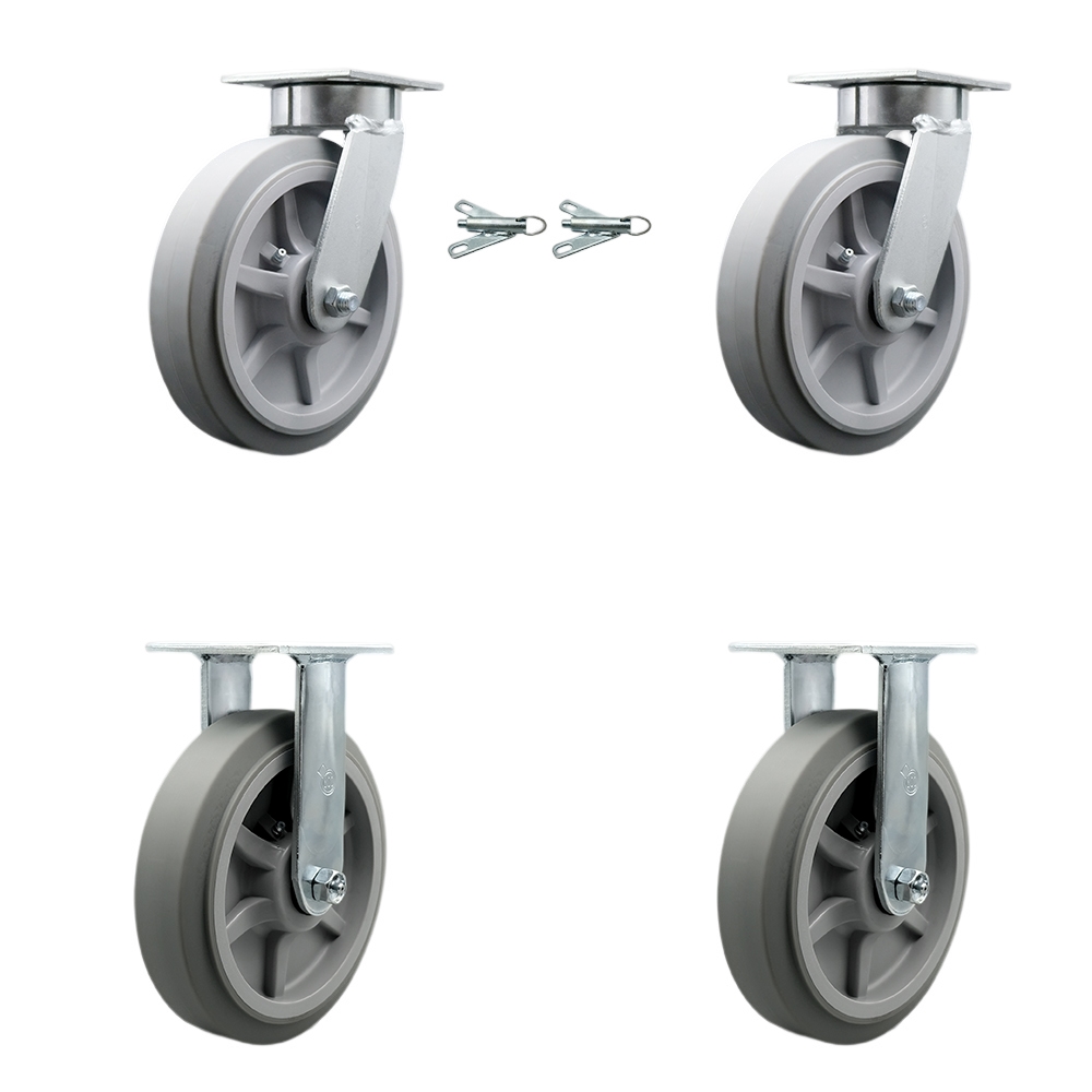 Kingpinless Thermo Rubber Flat Tread Swivel Top Plate Caster with 8 x 2 in. Gray Wheels - 2400 lbs Total Capacity - Set of 4