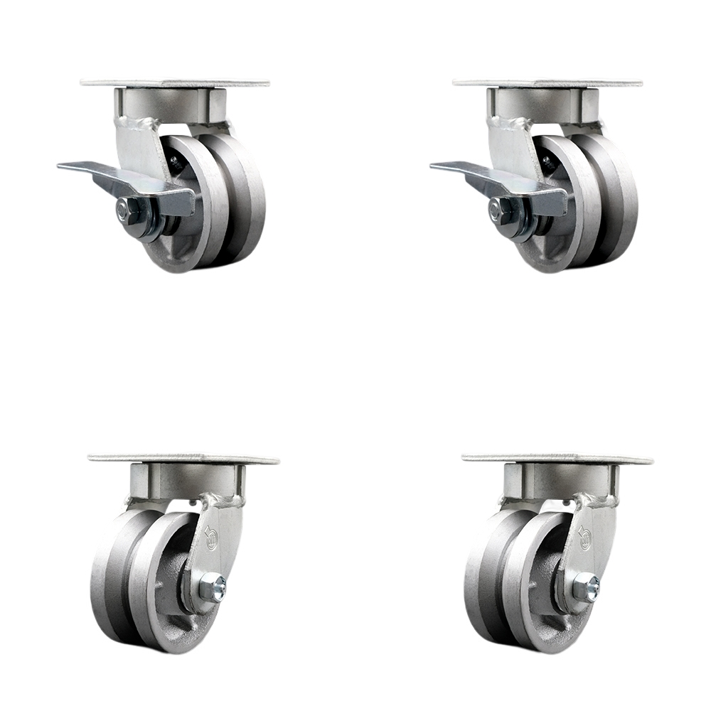 SCC-KP30S420-VGR-SLB-BSL-2-BSL-2 Kingpinless V Groove Semi Steel Swivel Top Plate Caster with 4 x 2 in. Silver Wheels - 3200 lbs Capacity - Set of 4
