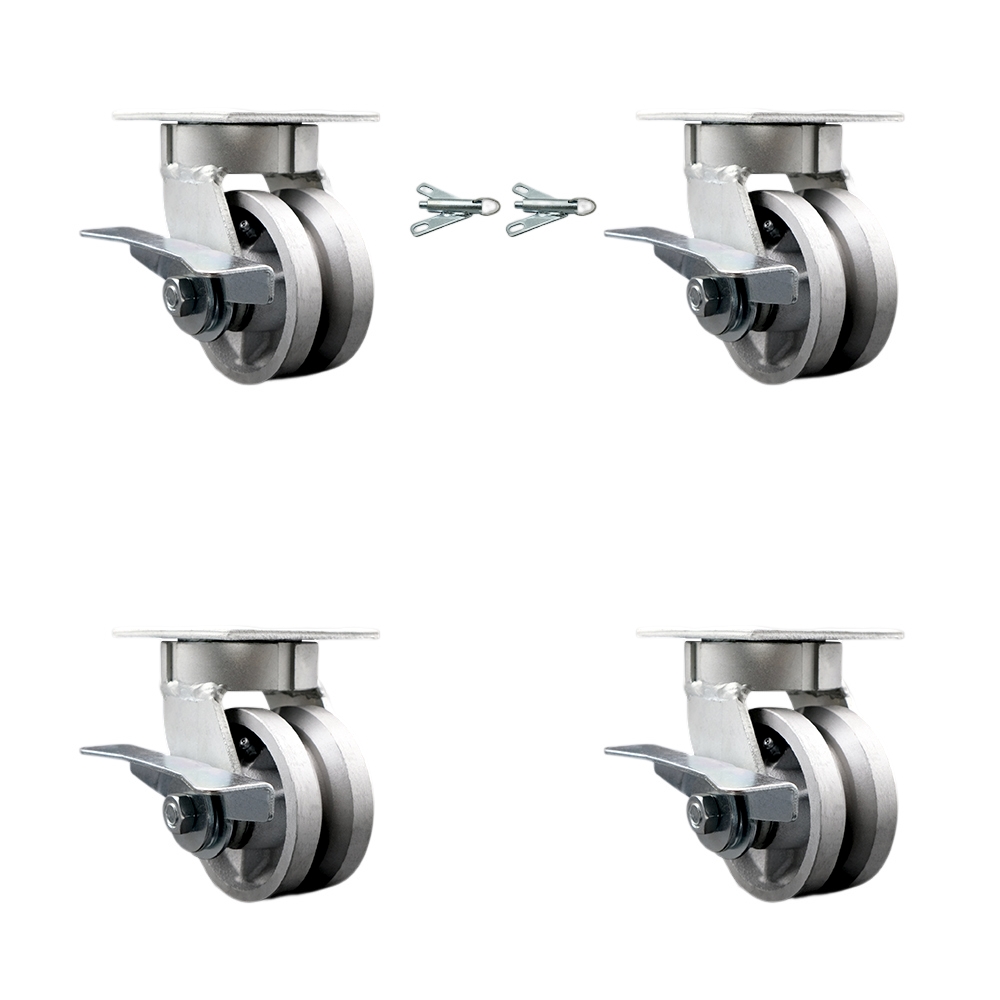 SCC-KP30S420-VGR-SLB-BSL-2-SLB-2 Kingpinless V Groove Semi Steel Swivel Top Plate Caster with 4 x 2 in. Silver Wheels - 3200 lbs Capacity - Set of 4