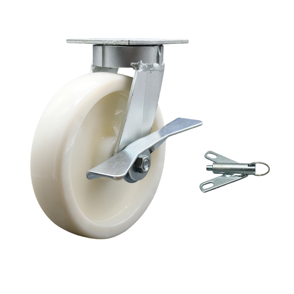 Kingpinless Nylon Swivel Top Plate Caster with 8 x 2 in. White Wheel & Side Lock Brake & Bolt on Swivel Lock - 1250 lbs Capacity per Caster