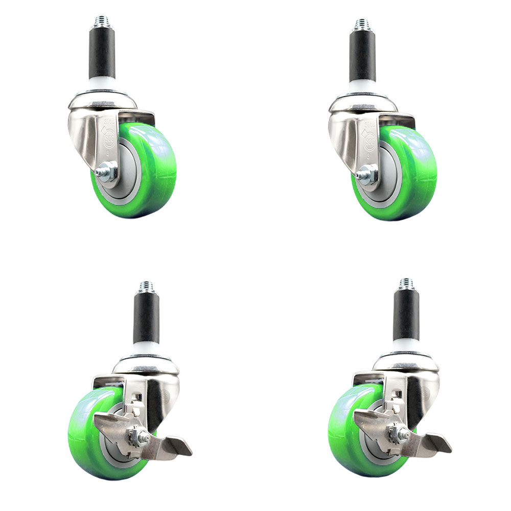 Polyurethane Swivel Stem Caster with 3 in. Green Caster Wheels, 1 in. Expanding Stems - 316 Stainless Steel Casters - Set of 4