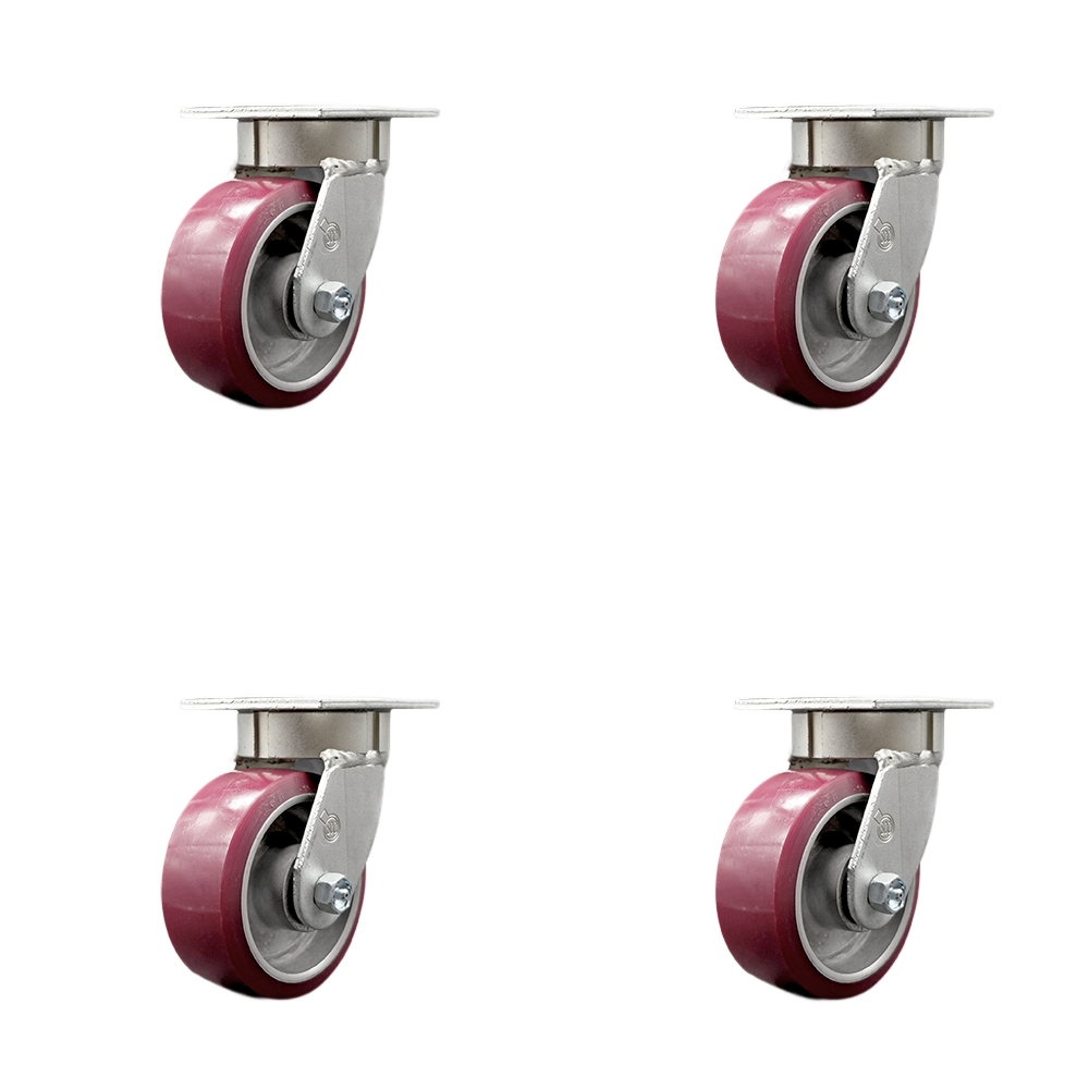 SCC-KP30S520-PAR-BSL-4 Kingpinless Polyurethane on Aluminum Swivel Top Plate Caster with 5 x 2 in. Maroon Wheels - 3600 lbs Total Capacity - Set of 4