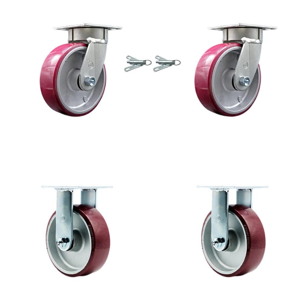 Kingpinless Polyurethane on Aluminum Swivel Top Plate Caster with 6 x 2 in. Maroon Wheels - 4800 lbs Total Capacity - Set of 4