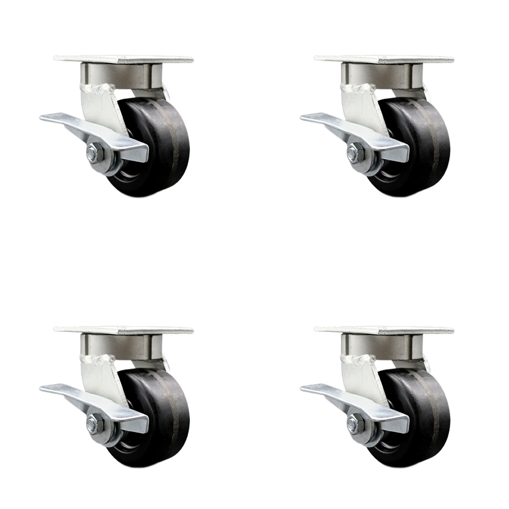 SCC-KP30S420-PHR-SLB-BSL-4 Kingpinless Phenolic Swivel Top Plate Caster with 4 x 2 in. Black Wheels - 3200 lbs Total Capacity - Set of 4