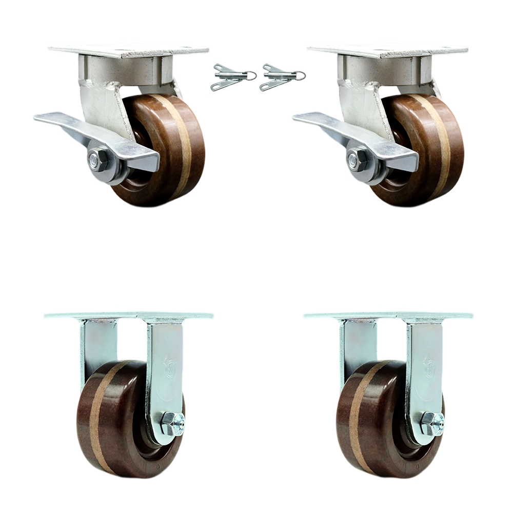 Kingpinless High Temperature Phenolic Swivel Top Plate Caster with 4 x 2 in. Brown Wheels - 3200 lbs Total Capacity - Set of 4