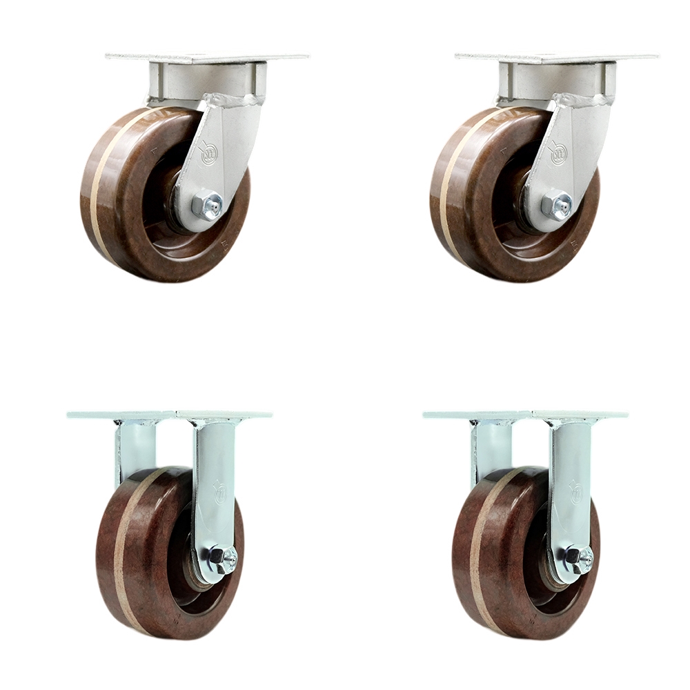 Kingpinless High Temperature Phenolic Swivel Top Plate Caster with 5 x 2 in. Brown Wheels - 4000 lbs Total Capacity - Set of 4