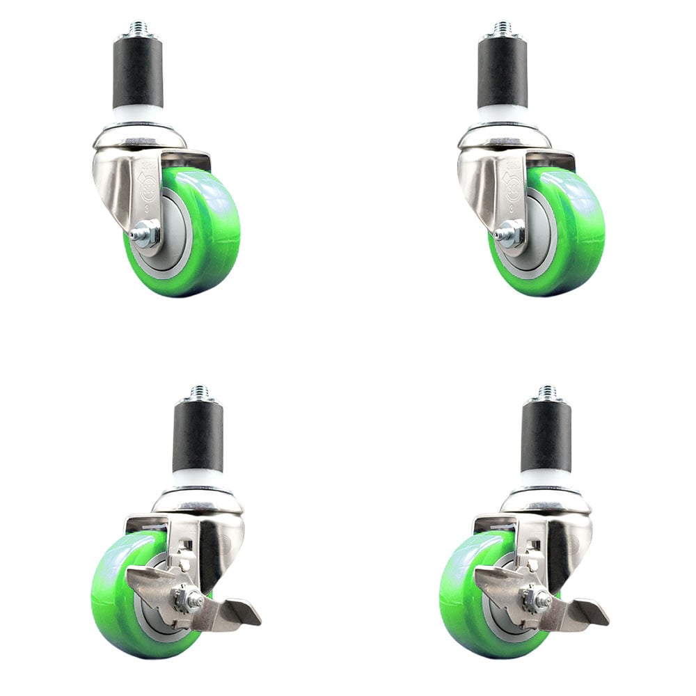 Polyurethane Swivel Stem Caster with 3 in. Green Caster Wheels, 1.63 in. Expanding Stems - 316 Stainless Steel Casters - Set of 4