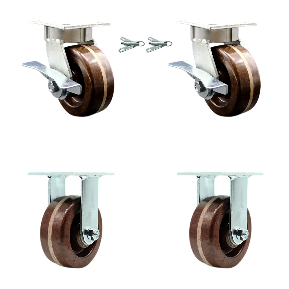 Kingpinless High Temperature Phenolic Swivel Top Plate Caster with 5 x 2 in. Brown Wheels - 4000 lbs Capacity - Set of 4