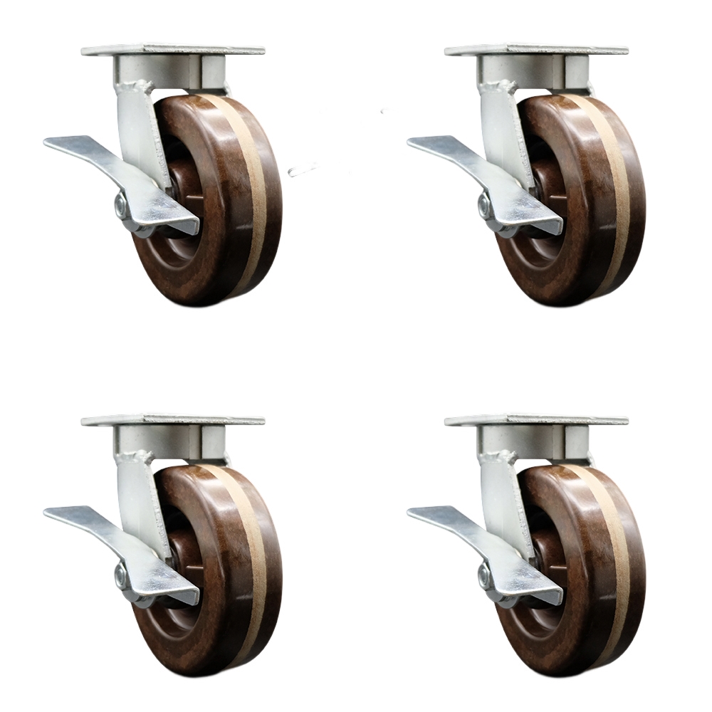 Kingpinless High Temperature Phenolic Swivel Top Plate Caster with 6 x 2 in. Brown Wheels - 4800 lbs Total Capacity - Set of 4