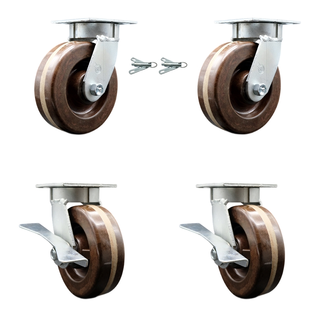 Kingpinless High Temperature Phenolic Swivel Top Plate Caster with 6 x 2 in. Brown Wheels - 4800 lbs Capacity - Set of 4