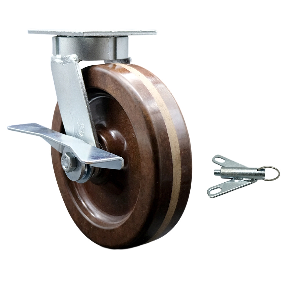 Kingpinless High Temperature Phenolic Swivel Top Plate Caster with 8 x 2 in. Brown Wheel & Side Lock Brake & Bolt on Swivel Lock - 1250 lbs Capacity