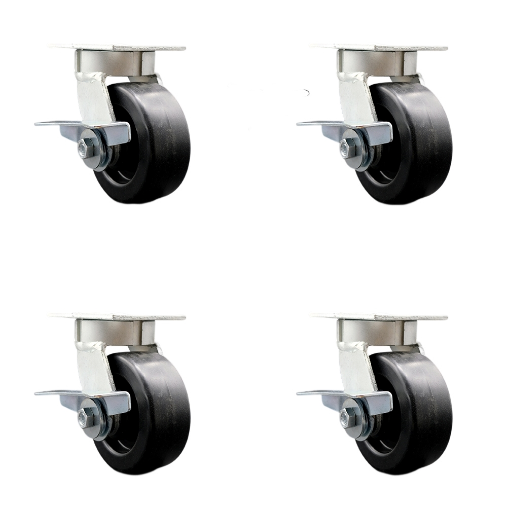 SCC-KP30S520-POR-SLB-BSL-4 Kingpinless Polyolefin Swivel Top Plate Caster with 5 x 2 in. Black Wheels - 2600 lbs Total Capacity - Set of 4