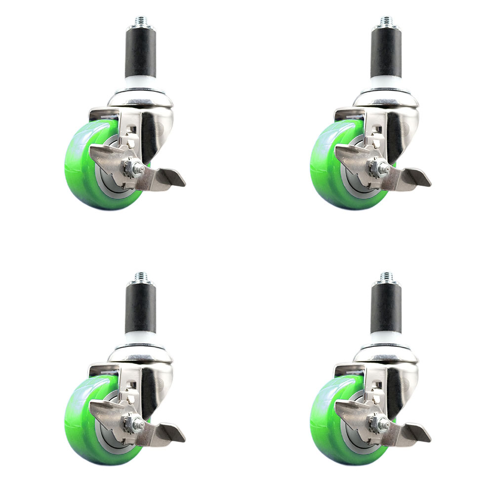 Polyurethane Swivel Stem Caster with 3 in. Green Caster Wheels, 1.38 in. Expanding Stems - 316 Stainless Steel Casters - Set of 4