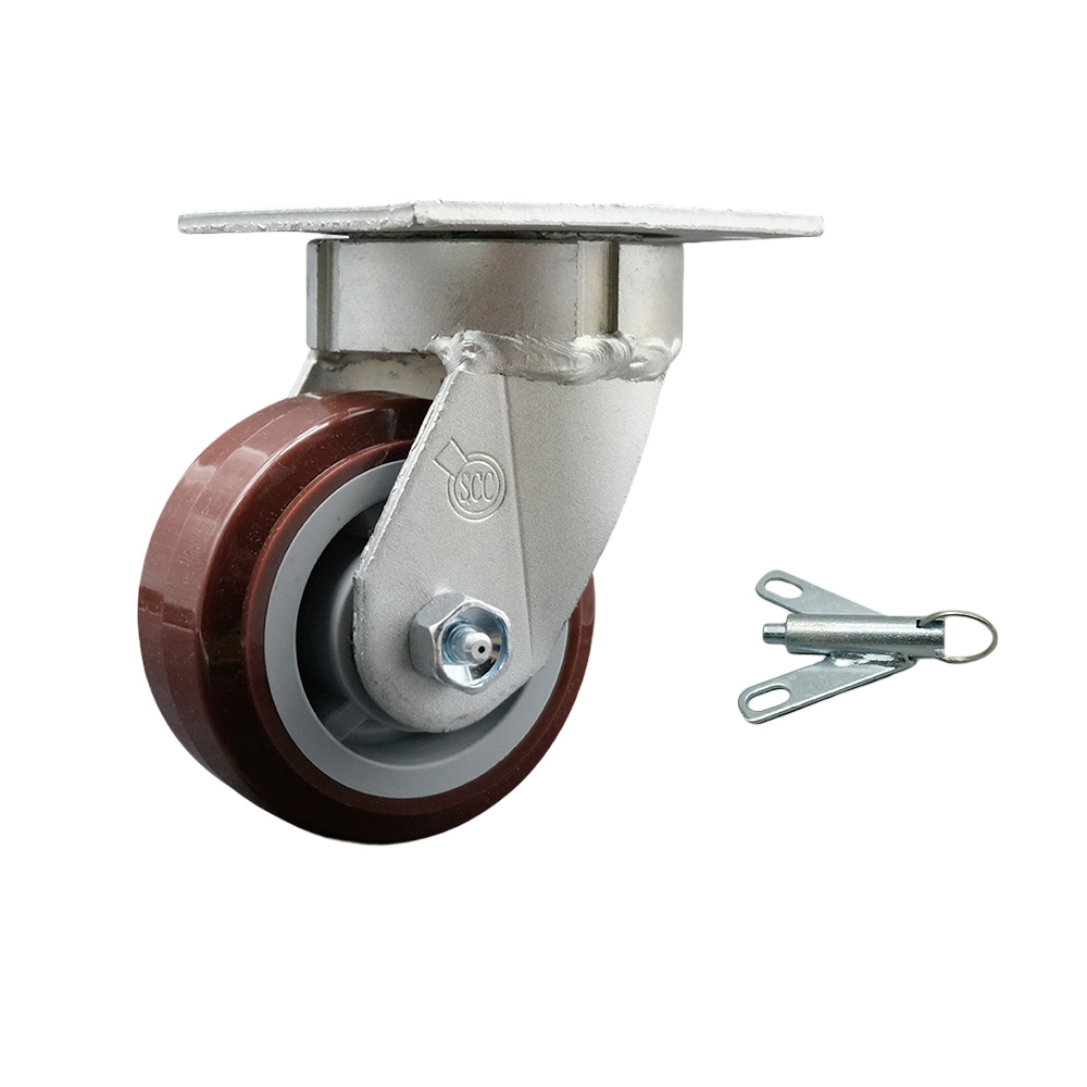 Kingpinless Polyurethane on Polyolefin Swivel Top Plate Caster with 4 x 2 in. Maroon Wheel & Bolt on Swivel Lock - 600 lbs Capacity per Caster