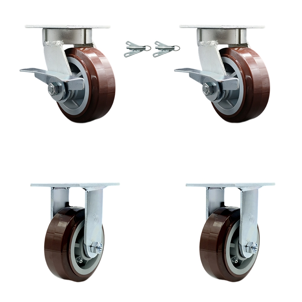 Kingpinless Polyurethane on Polyolefin Swivel Top Plate Caster with 5 x 2 in. Maroon Wheels - 3000 lbs Capacity - Set of 4