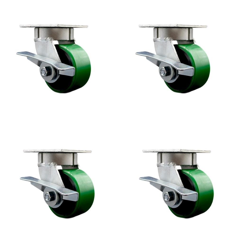Kingpinless Polyurethane on Cast Iron Swivel Top Plate Caster with 4 x 2 in. Green Wheels - 2800 lbs Total Capacity - Set of 4