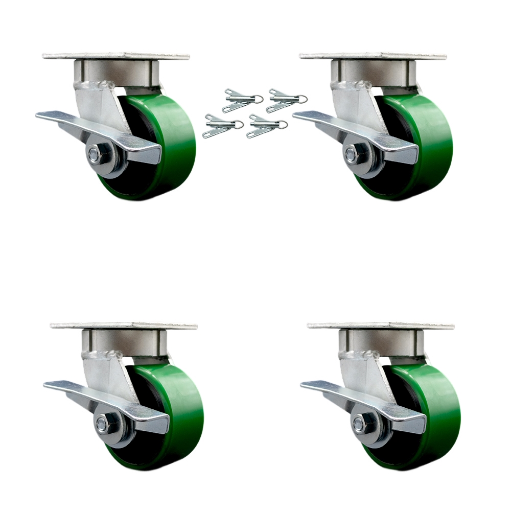 Kingpinless Polyurethane on Cast Iron Swivel Top Plate Caster with 4 x 2 in. Green Wheels - 2800 lbs Total Capacity - Set of 4