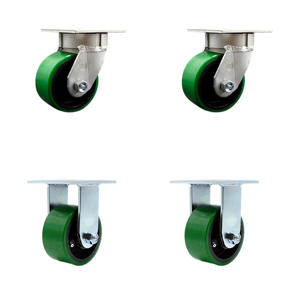 Kingpinless Polyurethane on Cast Iron Swivel Top Plate Caster with 4 x 2 in. Green Wheels - 2800 lbs Total Capacity - Set of 4