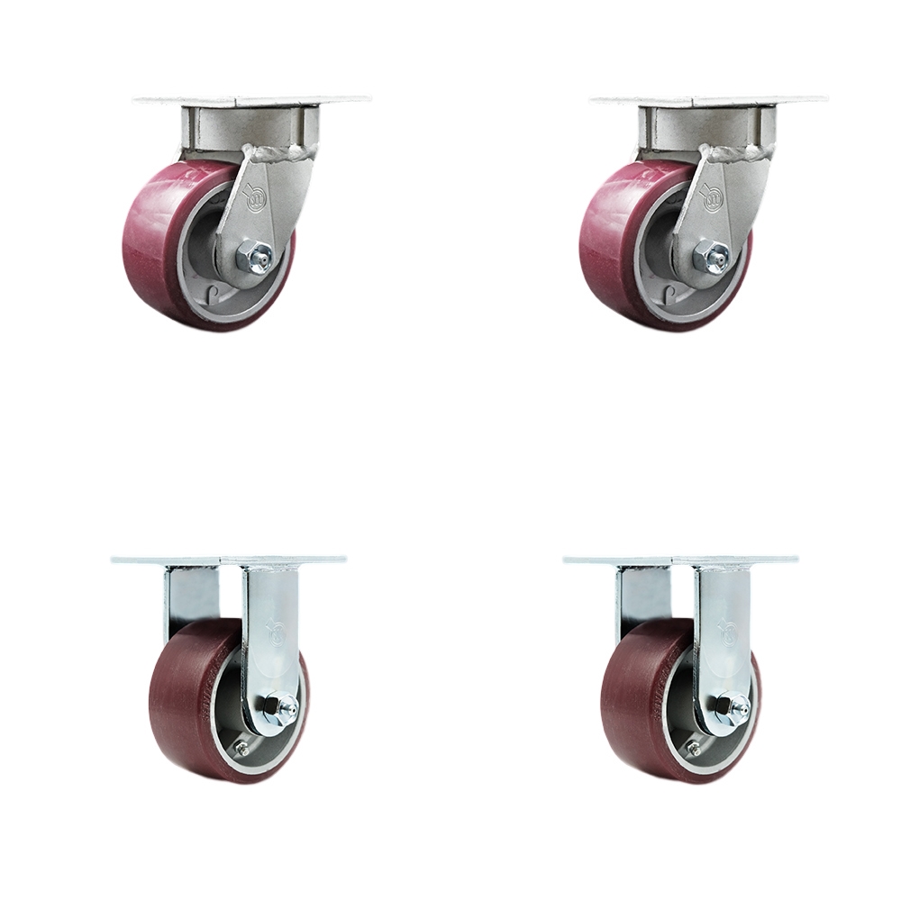 SCC-KP30S420-PAR-2-R-2 Kingpinless Polyurethane on Aluminum Swivel Top Plate Caster with 4 x 2 in. Maroon Wheels - 2800 lbs Total Capacity - Set of 4