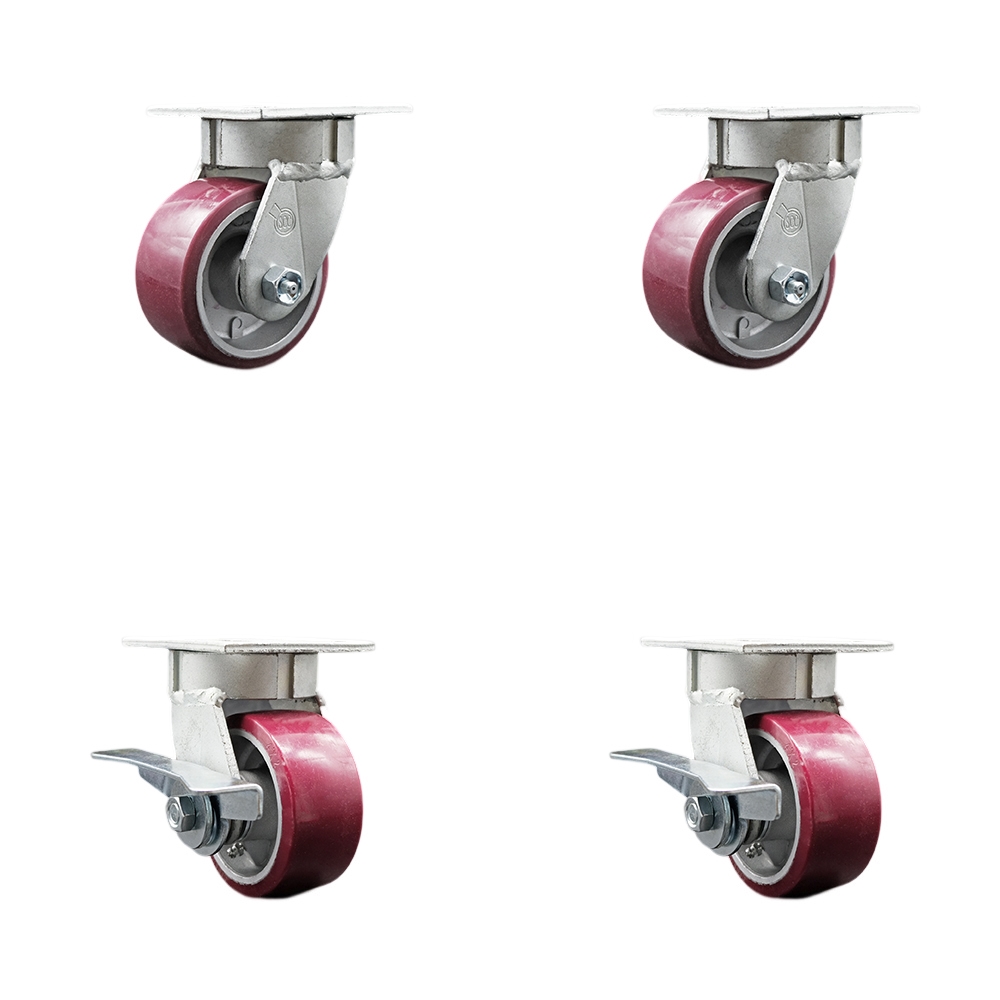 Kingpinless Polyurethane on Aluminum Swivel Top Plate Caster with 4 x 2 in. Maroon Wheels - 2800 lbs Total Capacity - Set of 4