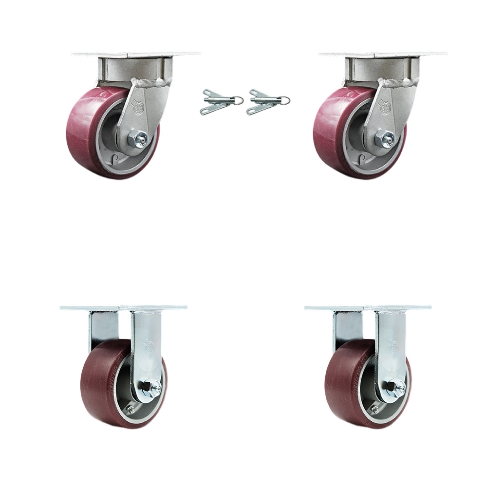 Kingpinless Polyurethane on Aluminum Swivel Top Plate Caster with 4 x 2 in. Maroon Wheels - 2800 lbs Total Capacity - Set of 4