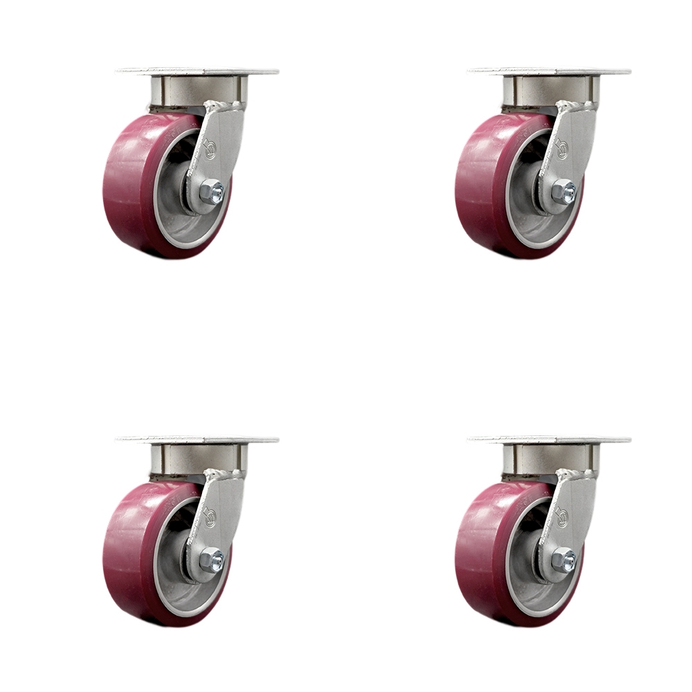 SCC-KP30S520-PAR-4 Kingpinless Polyurethane on Aluminum Swivel Top Plate Caster with 5 x 2 in. Maroon Wheels - 3600 lbs Total Capacity - Set of 4