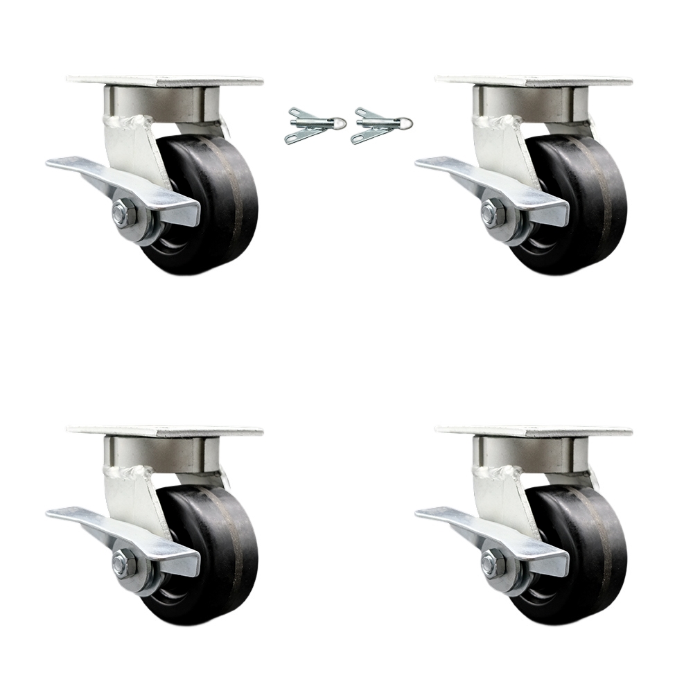 SCC-KP30S420-PHR-SLB-BSL-2-SLB-2 Kingpinless Phenolic Swivel Top Plate Caster with 4 x 2 in. Black Wheels - 3200 lbs Capacity - Set of 4