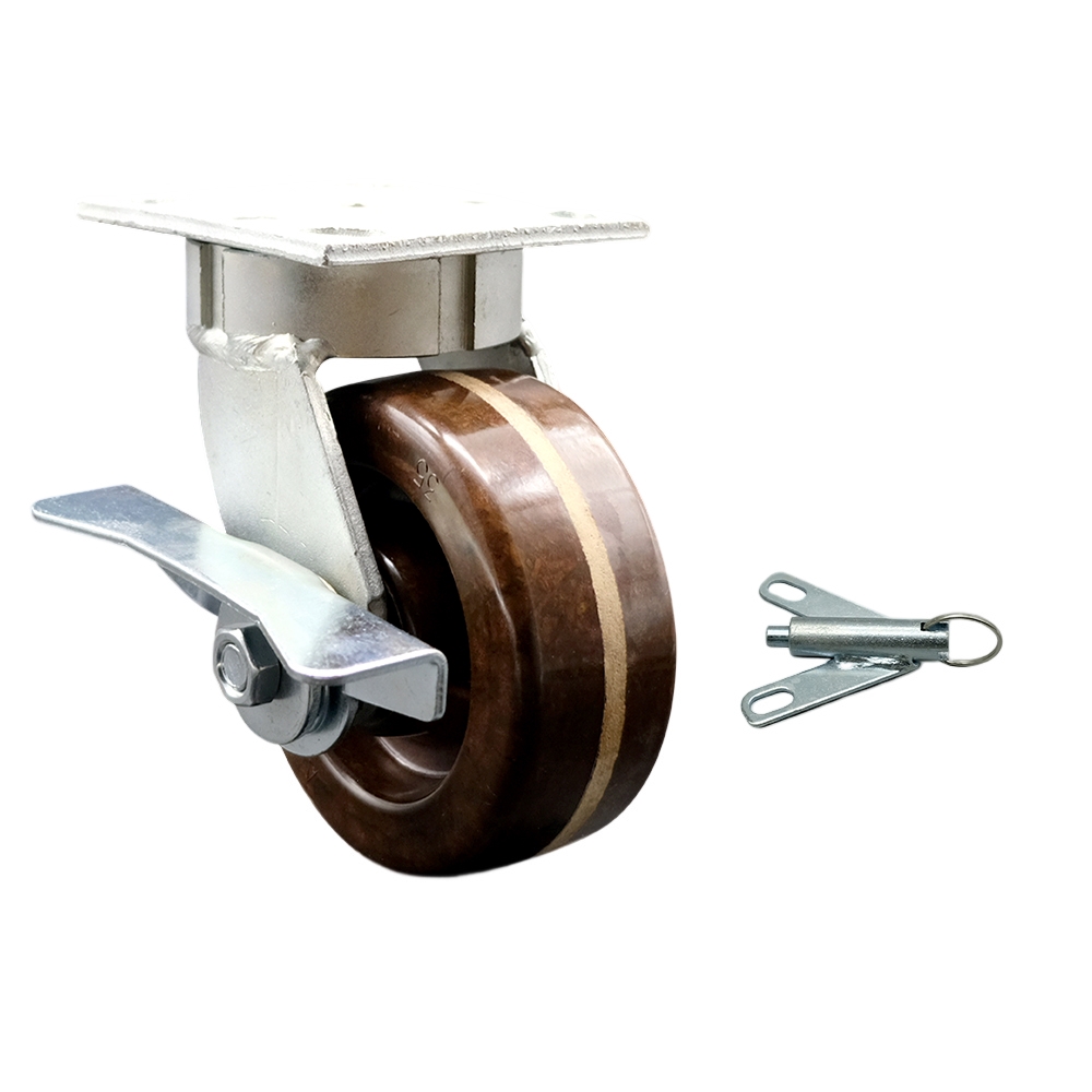 Kingpinless High Temperature Phenolic Swivel Top Plate Caster with 5 x 2 in. Brown Wheel & Side Lock Brake & Bolt on Swivel Lock - 1000 lbs Capacity