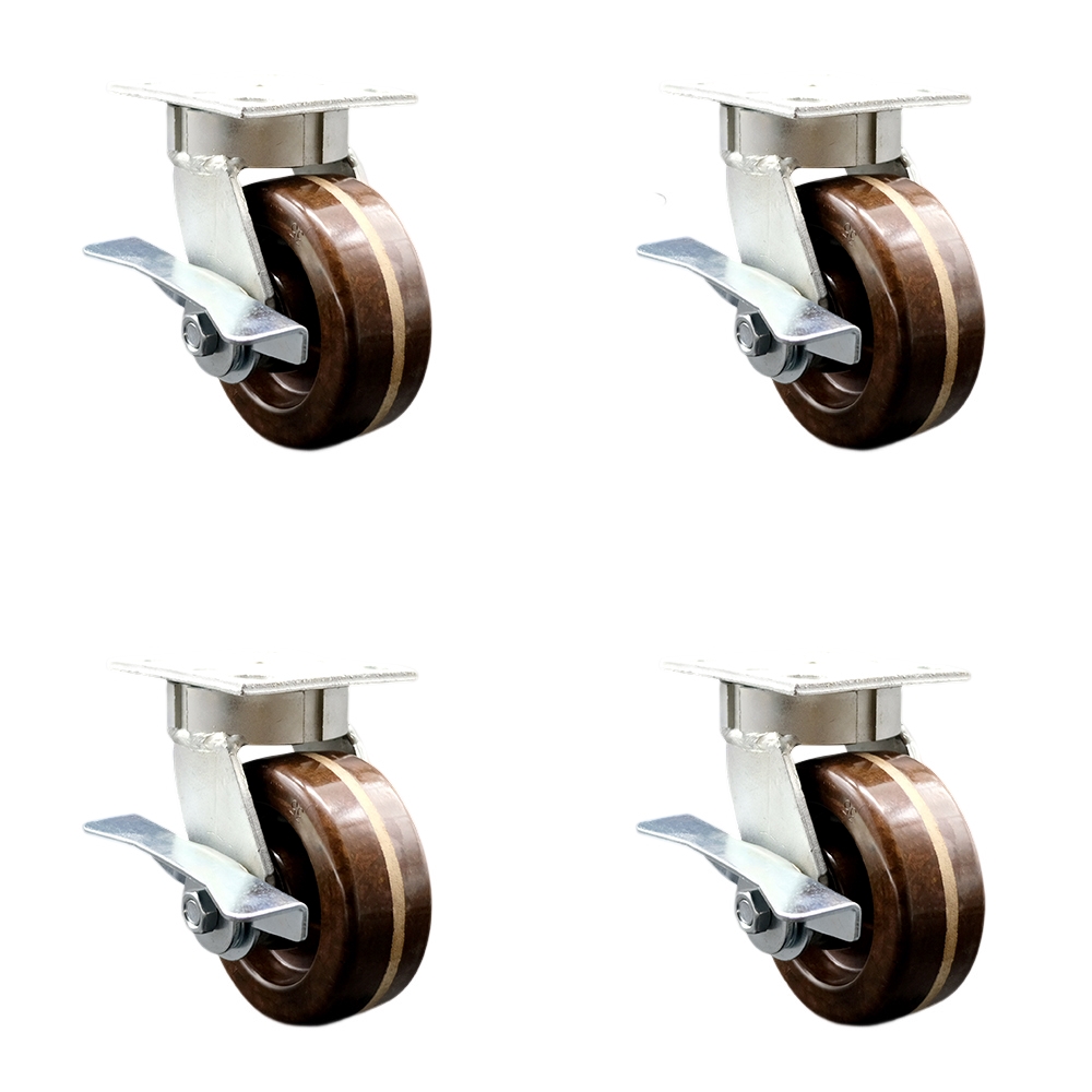Kingpinless High Temperature Phenolic Swivel Top Plate Caster with 5 x 2 in. Brown Wheels - 4000 lbs Total Capacity - Set of 4