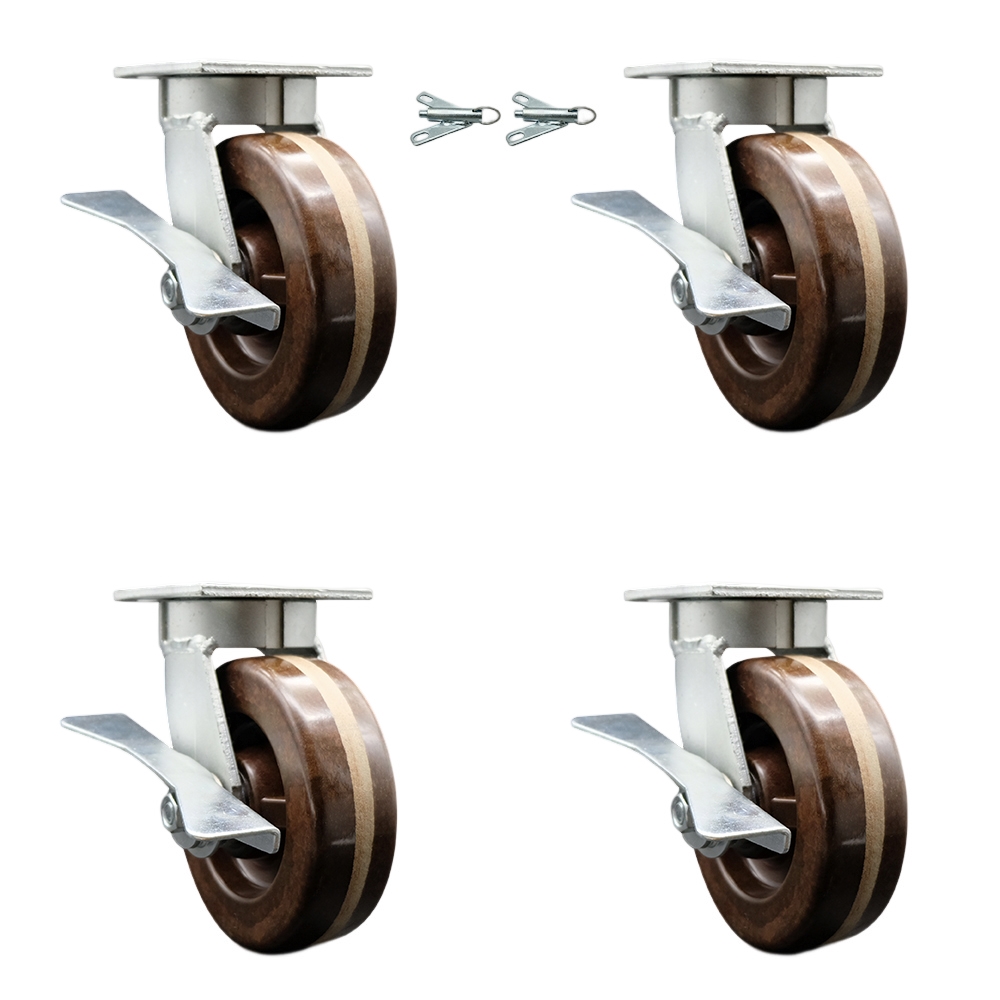 Kingpinless High Temperature Phenolic Swivel Top Plate Caster with 6 x 2 in. Brown Wheels - 4800 lbs Capacity - Set of 4