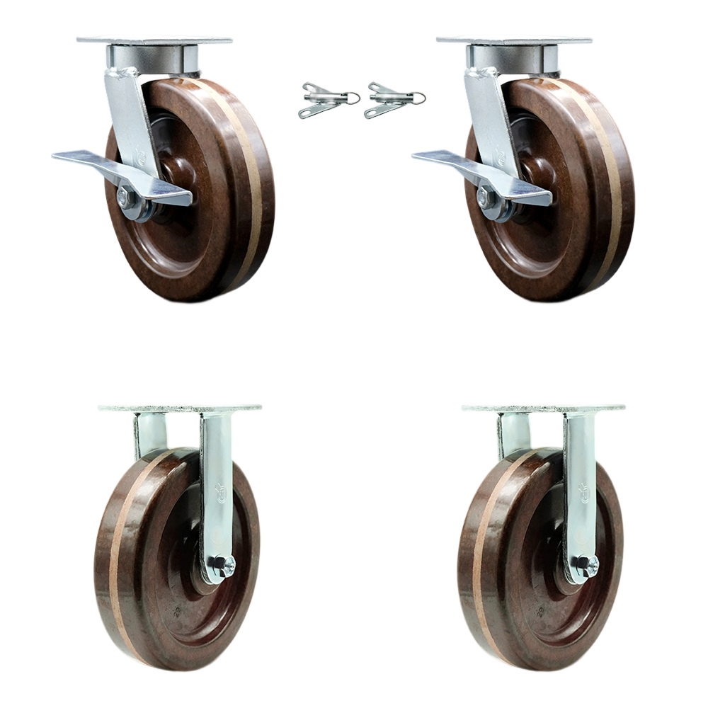 Kingpinless High Temperature Phenolic Swivel Top Plate Caster with 8 x 2 in. Brown Wheels - 5000 lbs Capacity - Set of 4