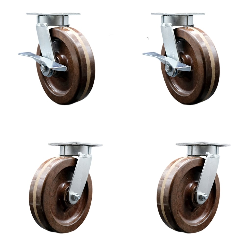 Kingpinless High Temperature Phenolic Swivel Top Plate Caster with 8 x 2 in. Brown Wheels - 5000 lbs Capacity - Set of 4