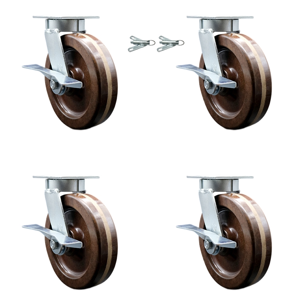 Kingpinless High Temperature Phenolic Swivel Top Plate Caster with 8 x 2 in. Brown Wheels - 5000 lbs Capacity - Set of 4