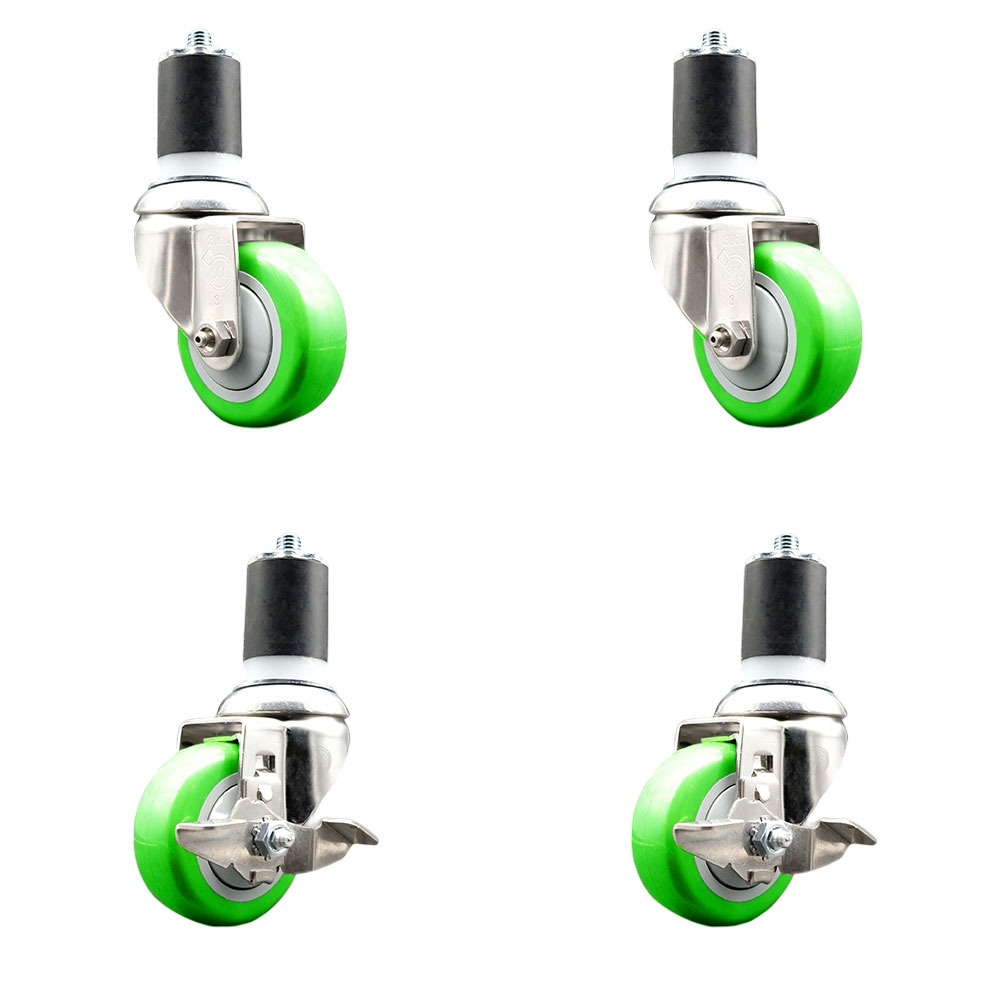 Polyurethane Swivel Stem Caster with 3.5 in. Green Caster Wheels, 1.87 in. Expanding Stems - 316 Stainless Steel Casters - Set of 4