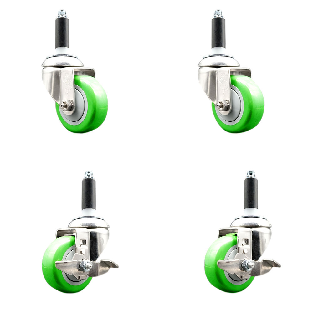 Polyurethane Swivel Stem Caster with 3.5 in. Green Caster Wheels, 0.87 in. Expanding Stems - 316 Stainless Steel Casters - Set of 4