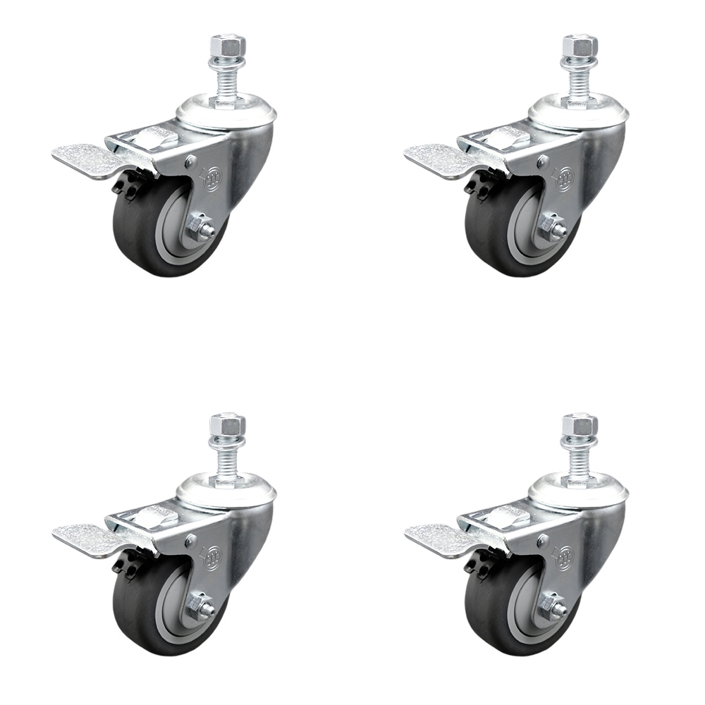 Stainless Steel Thermoplastic Rubber Swivel Threaded Stem Caster with 3 x 1.25 in. Gray Wheels & 0.37 in. Stems - 840 lbs Total Capacity - Set of 4