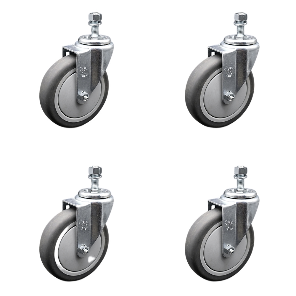 Stainless Steel Thermoplastic Rubber Swivel Threaded Stem Caster with 5 x 1.25 in. Gray Wheels & 0.37 in. Stems - 1200 lbs Total Capacity - Set of 4