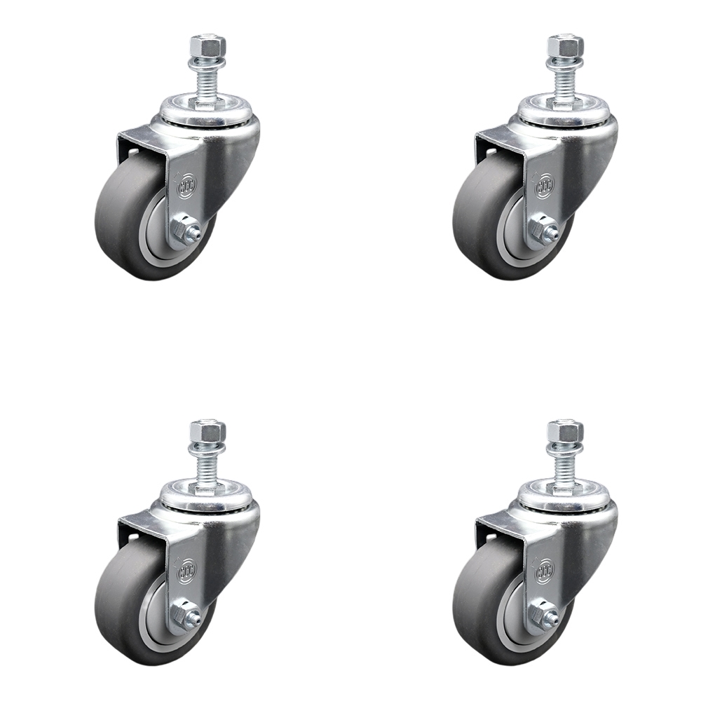 Stainless Steel Thermoplastic Rubber Swivel Threaded Stem Caster with 3 x 1.25 in. Gray Wheels & 10 mm Stems - 840 lbs Total Capacity - Set of 4