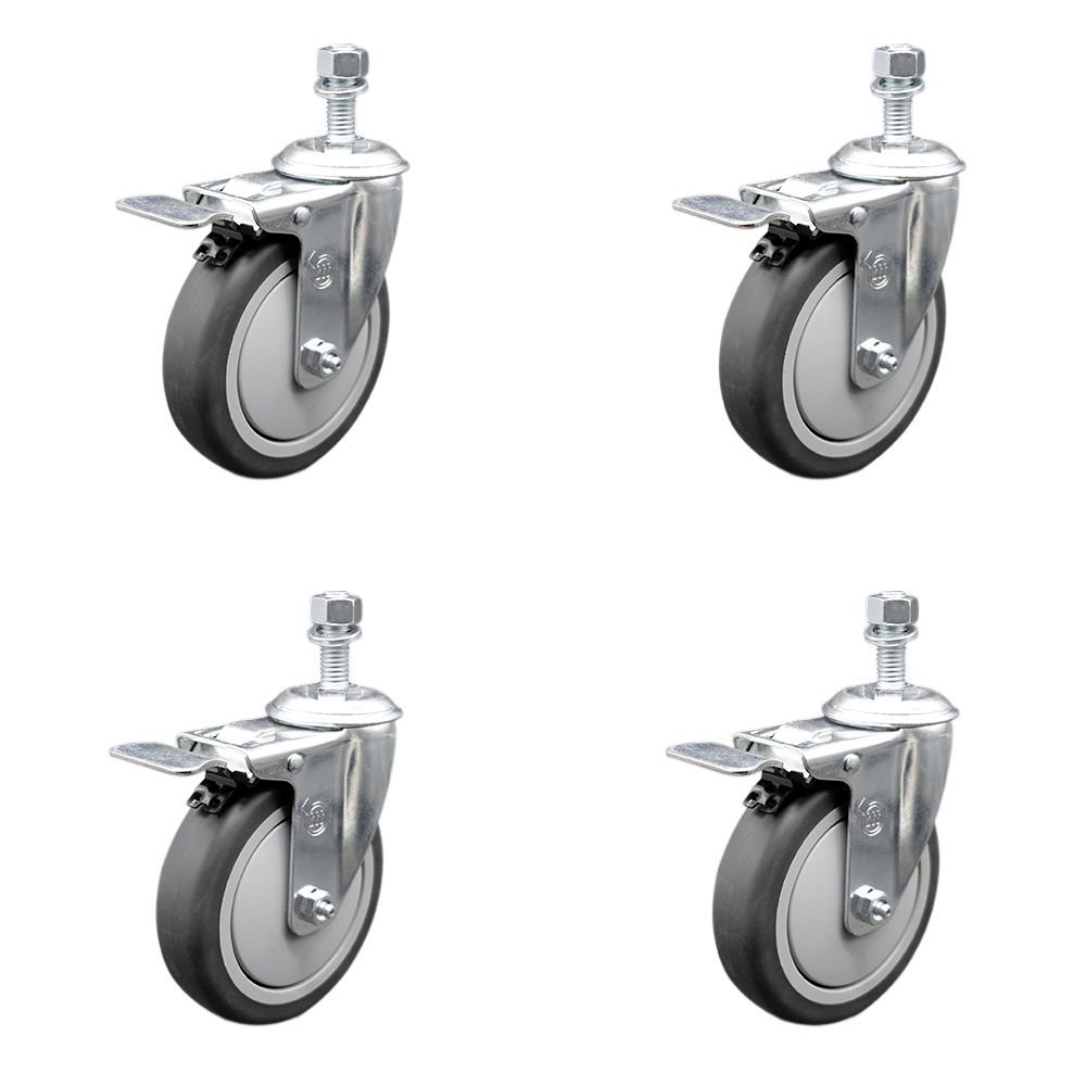 Stainless Steel Thermoplastic Rubber Swivel Threaded Stem Caster with 5 x 1.25 in. Gray Wheels & 10 mm Stems - 1200 lbs Total Capacity - Set of 4