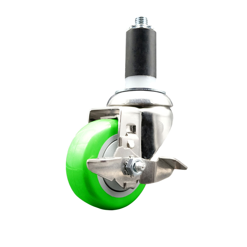 Polyurethane Swivel Stem Caster with 3.5 in. Green Caster Wheels & Top Lock Brake, 1.38 in. Expanding Stem - 316 Stainless Steel Caster