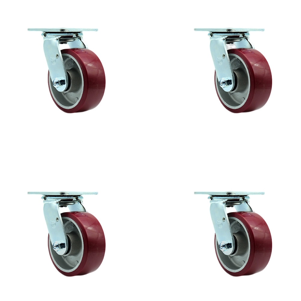 Stainless Steel Polyurethane on Aluminum Swivel Top Plate Casters, Heavy Duty with 5 in. Wheels - 3600 lbs Total Capacity - Set of 4